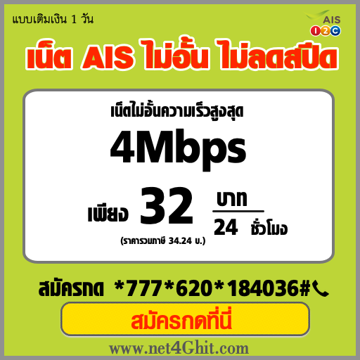 โปรเน็ต AIS 4Mbps ไม่ลดสปีด รายวัน